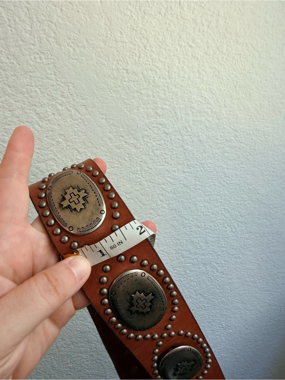 Aura Wrangler Leather Boho Brown Studded Leather Belt Concho Western Festival - Picture 2 of 12